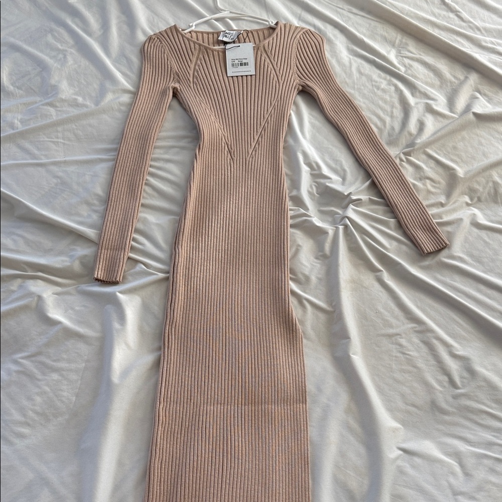 Princess Polly Ribbed Long Sleeve Dress in Soft Tan